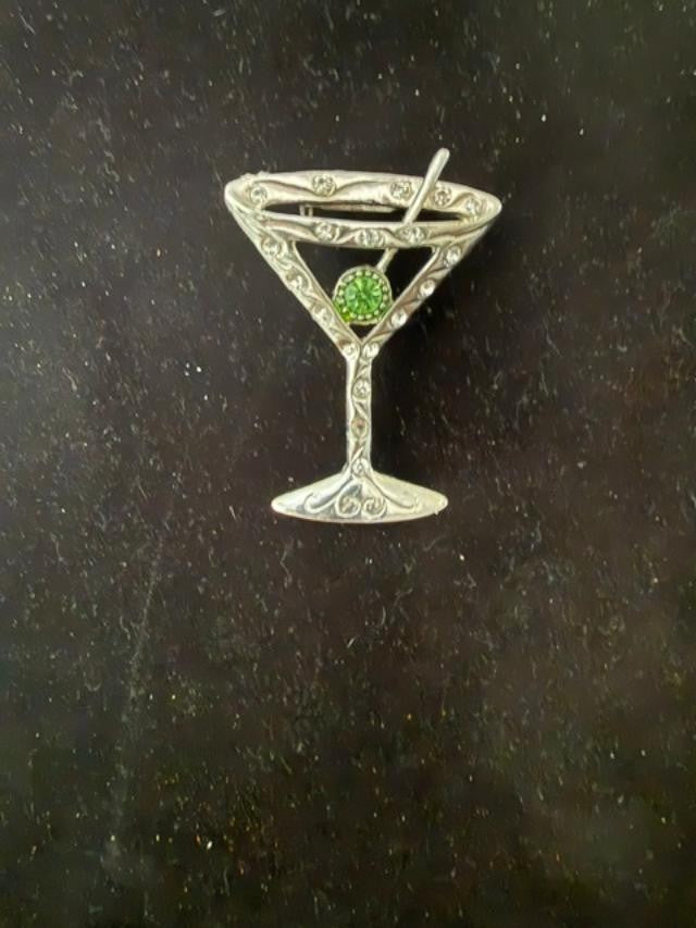 Vintage Style Martini Glass Brooch Silver Tone Rhinestone Cocktail Pin Green Oli
