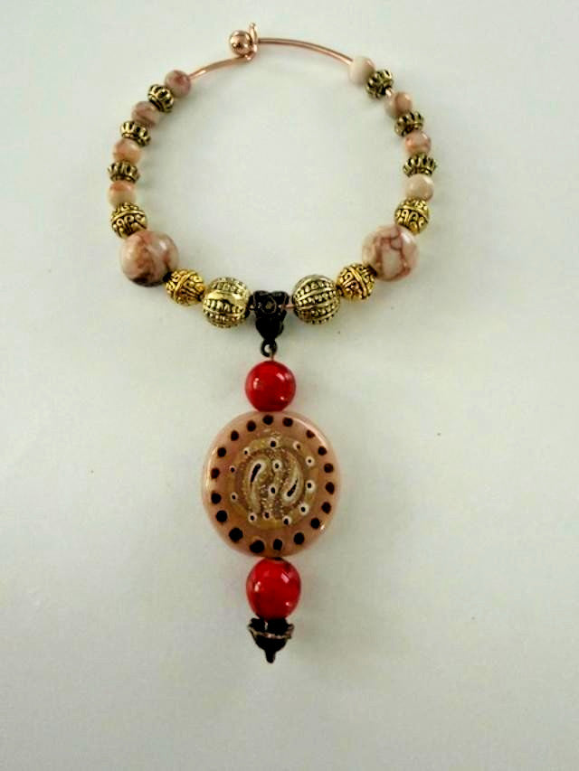 Boho Pink Red Mixed Bead Open Wire Bangle Bracelet Drop Charm 2.5"