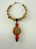 Boho Pink Red Mixed Bead Open Wire Bangle Bracelet Drop Charm 2.5"