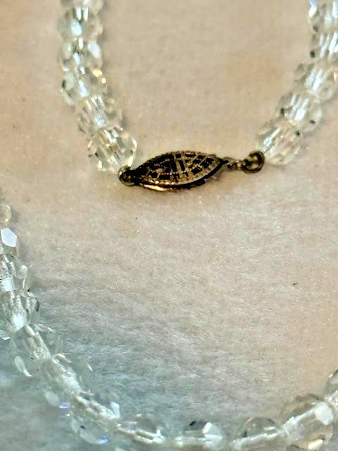 Vintage Clear Faceted Glass Crystal Bead Choker Necklace 15" Filigree Clasp