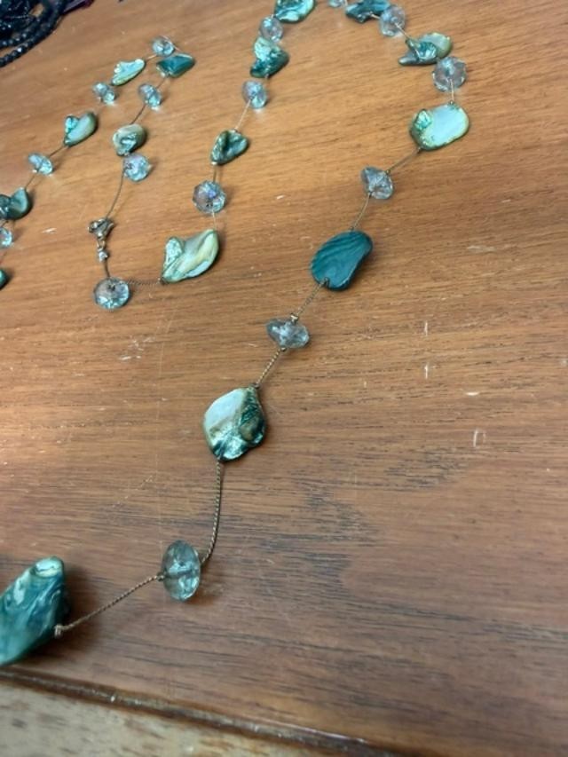 Black Lip Mother of Pearl Shell Glass Bead Long Station Necklace Boho