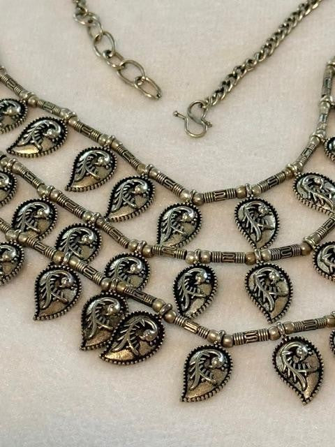 Oxidized Silver Tone Multi Strand Paisley Leaf Bib Necklace 23 Inch Boho
