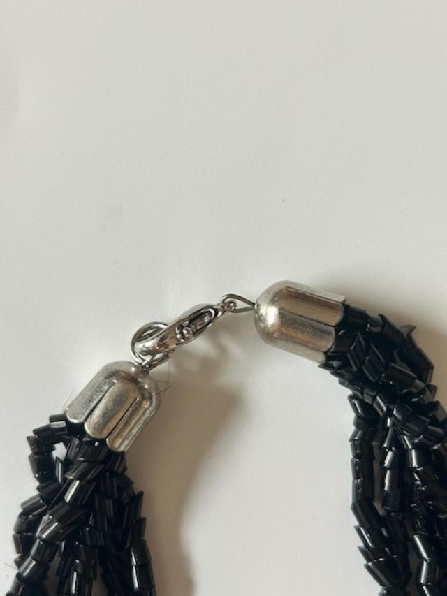 Vintage Black Multi Strand Glass Seed Bead Necklace Silver Tone Clasp  27 inch