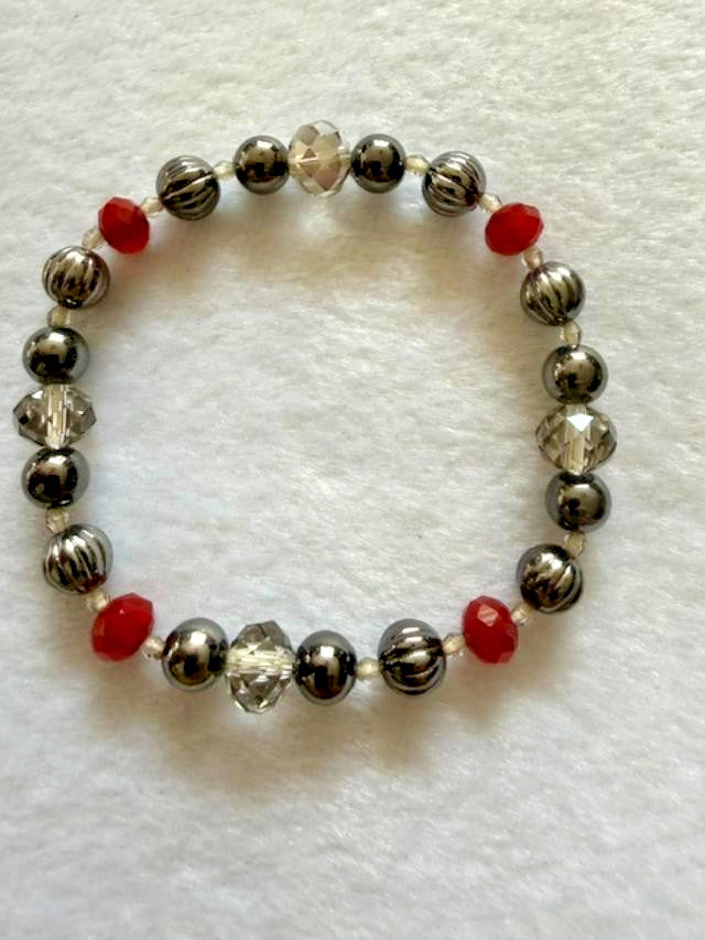 Handmade Red Crystal Gunmetal Beaded Stretch Bracelet Silver Tone