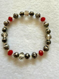 Handmade Red Crystal Gunmetal Beaded Stretch Bracelet Silver Tone