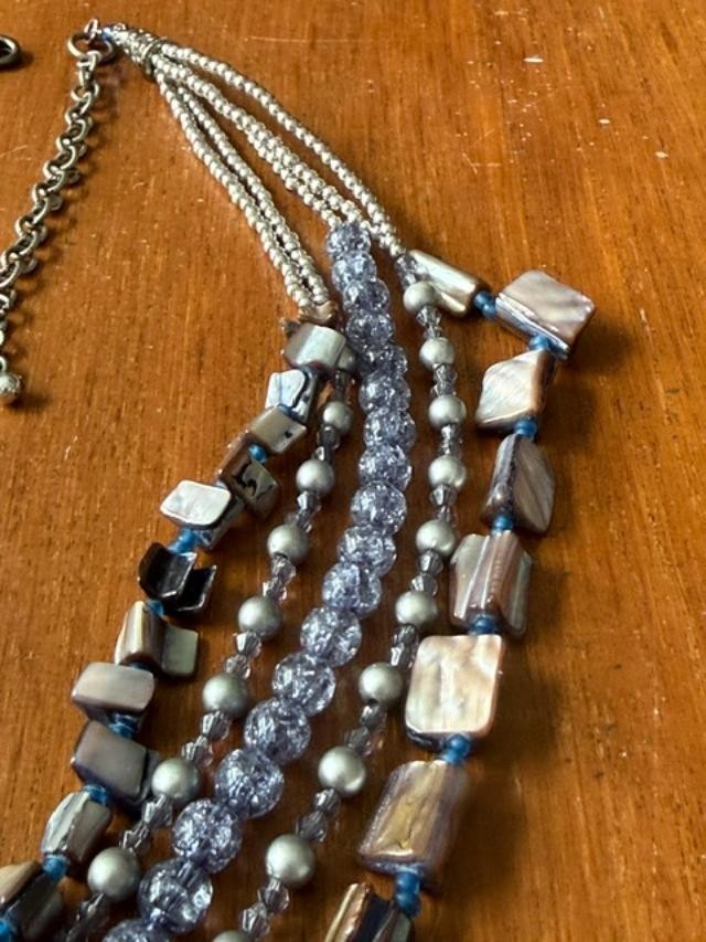 5-Strand Blue Gray Shell Crackle Bead Statement Necklace 24”