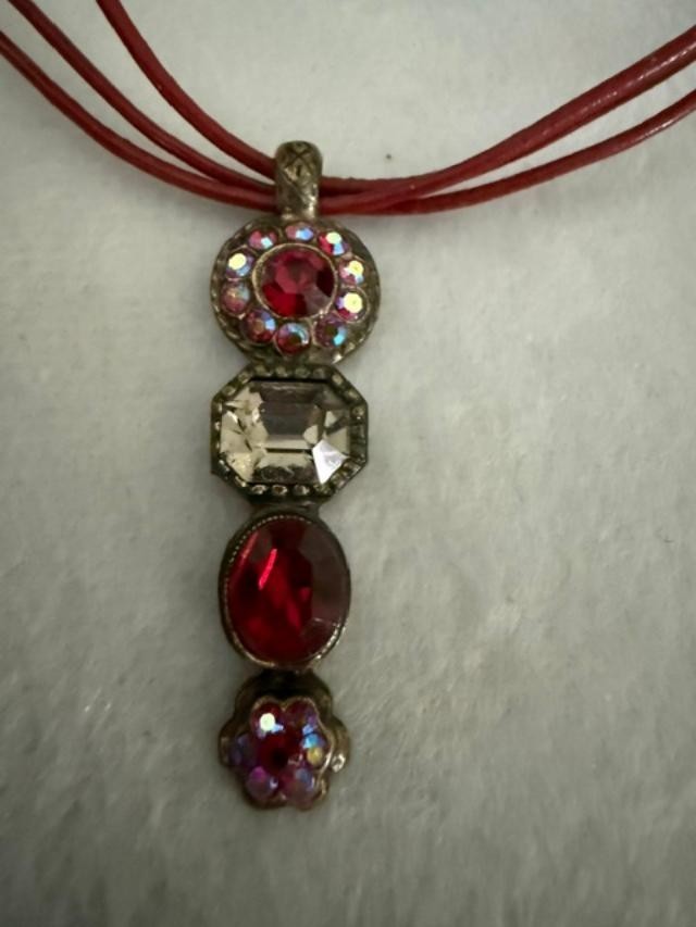 Vintage Red Multi Strand Cord Necklace Rhinestone Glass Pendant AB Crystal 16 in