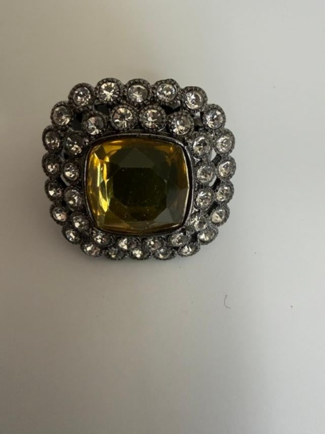 Amber Topaz Rhinestone Square Stretch Cocktail Ring Gunmetal Tone