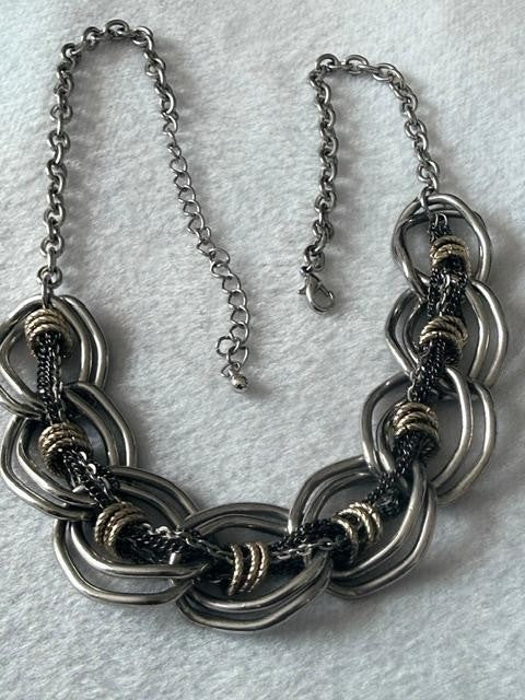 Mixed Metal Chunky Oval Link Multi Strand Statement Necklace Silver Gold Tone