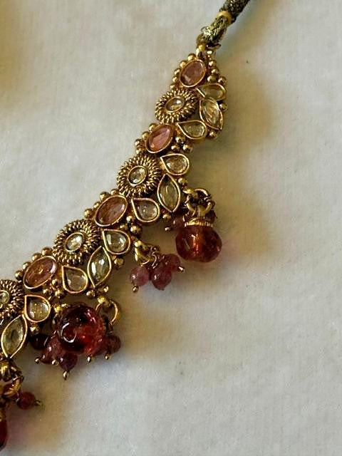 Pink Kundan Style Bib Necklace Gold Tone Beaded Drops Adjustable Tassel