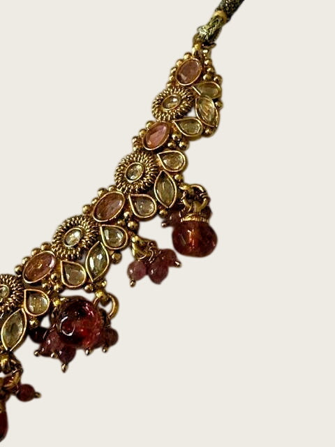 Pink Kundan Style Bib Necklace Gold Tone Beaded Drops Adjustable Tassel