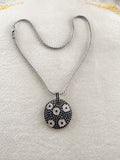Black Clear Rhinestone Floral Round Pendant Silver Tone Necklace 17 Inch