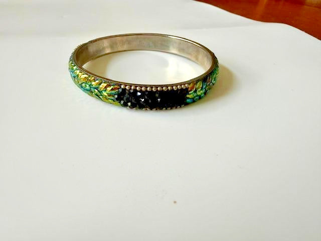 Iridescent Marquise Rhinestone Black Crystal Silver Tone Bangle Bracelet