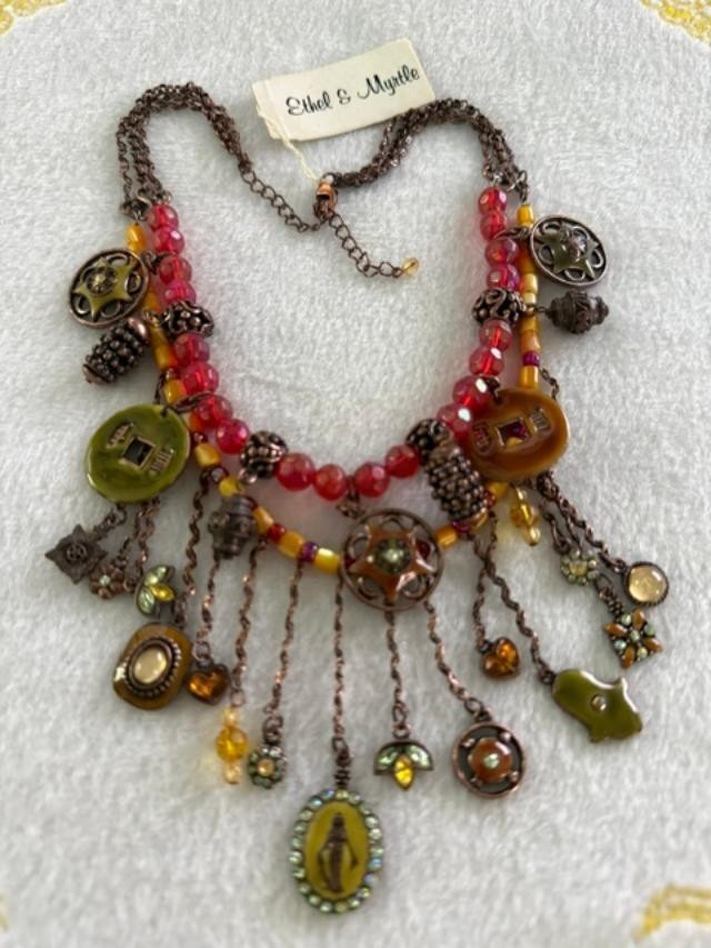 Ethel & Myrtle Boho Charm Necklace Red Bead Copper Tone Statement 15”