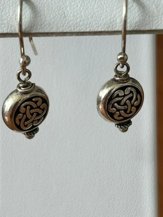 Petite Silver-Tone Celtic Knot Round Bead Dangle Earrings Fishhook