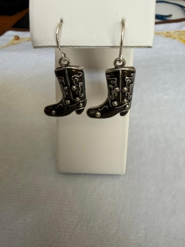 Fancy Black Enamel Western Cowboy Boots Silver Tone Earrings