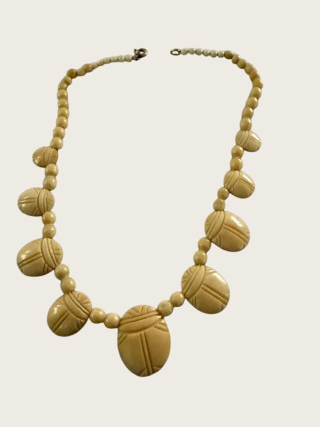 Vintage 1970s Carved Scarab Choker Necklace Egyptian Revival 15in
