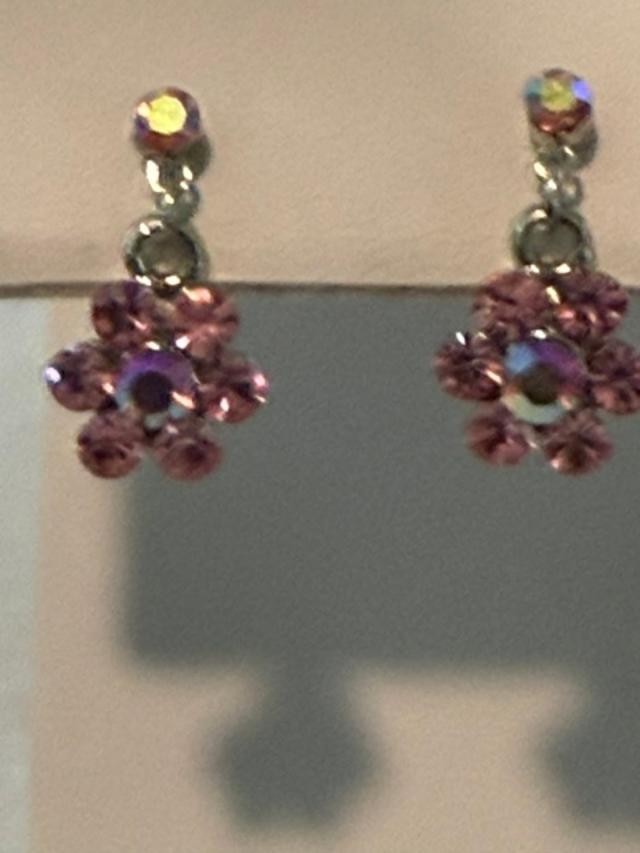 pink rhinestone floral drop earrings in silver-tone meta