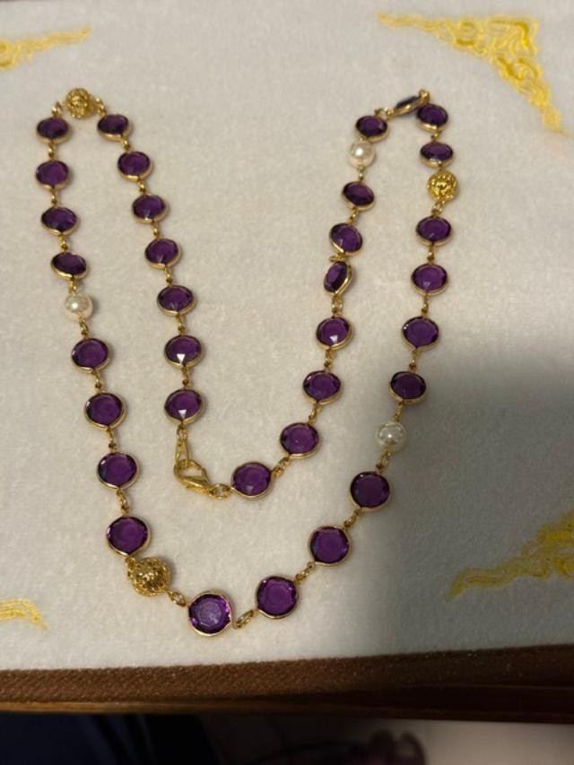 Vintage Purple Glass Bezel Link Necklace Faux Pearl Gold Tone 33"