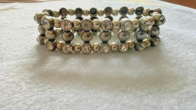Silver Tone Multi Row Stretch Bracelet Clear Rhinestones Beaded Cuff 3/4" Wide