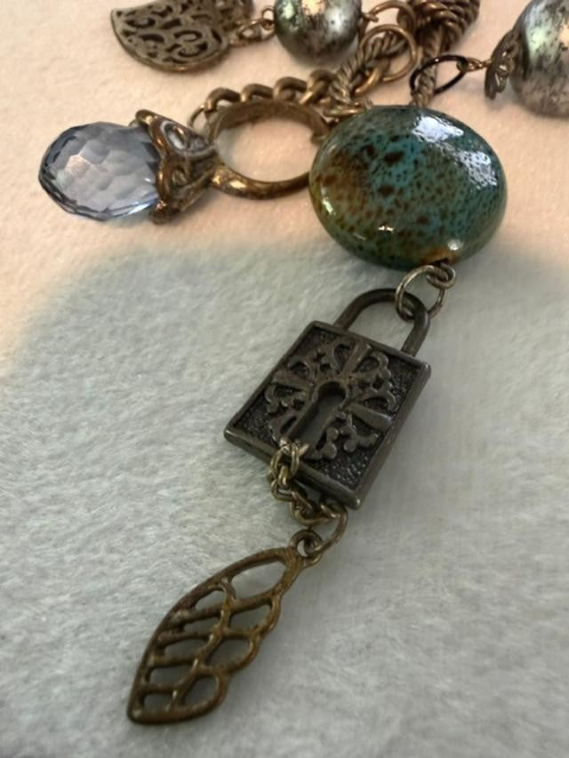 Vintage VCLM Lee Mode Key Heart Charm Necklace 27" Teal Bead Boho