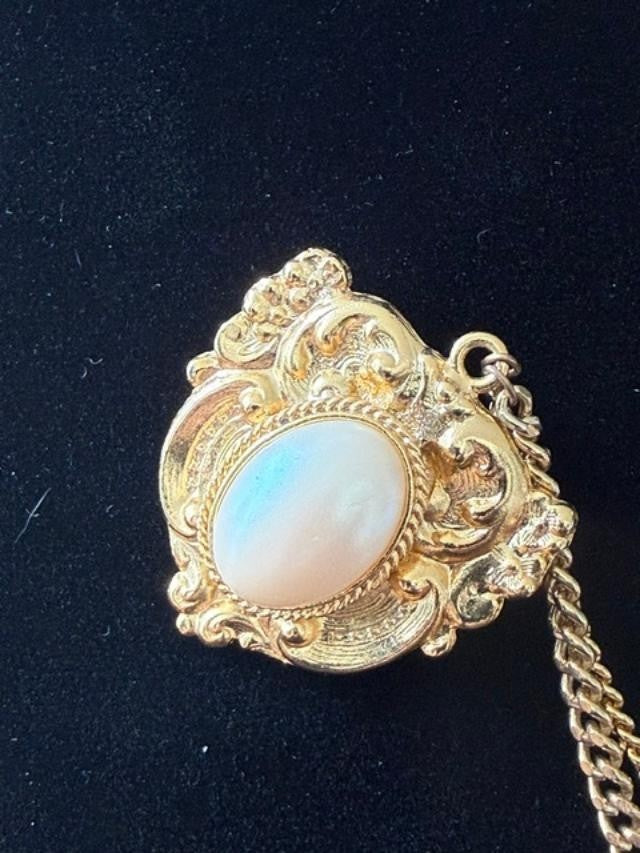 Vintage Gold Tone Sweater Guard Cardigan Clip Double Brooch Faux Pearl