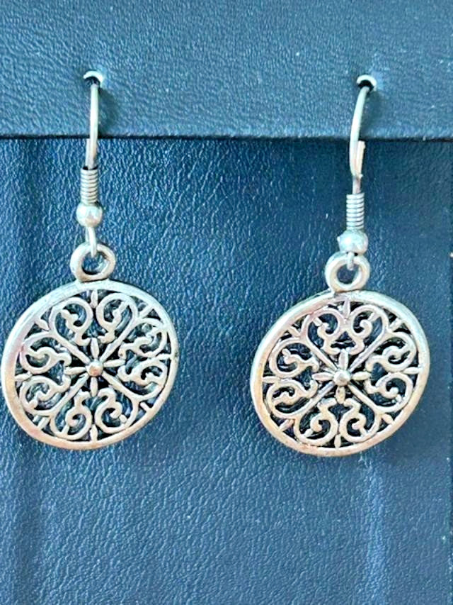 Silver-Tone Filigree Floral Medallion Dangle Earrings .75 Inch Boho