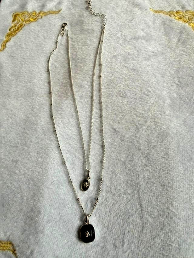 Avon Silver Tone Layered Black Cabochon Starburst Pendant Necklace 16"