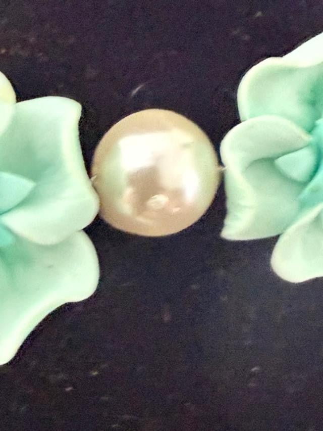 Signed Tiara Misu Aqua Floral Faux Pearl Statement Necklace Rhinestone 16"