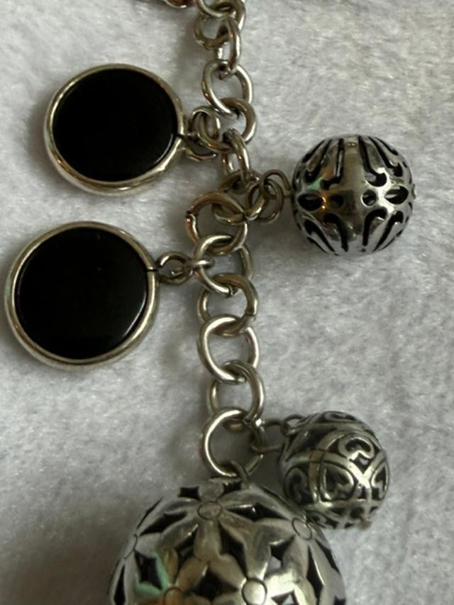 Silver Tone Black Cabochon Filigree Ball Y Drop Toggle Necklace 17in