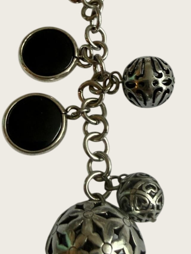 Silver Tone Black Cabochon Filigree Ball Y Drop Toggle Necklace 17in