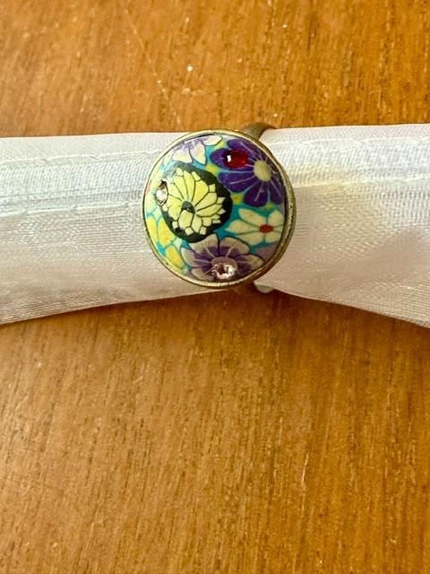 Vintage Butterfly Floral Enamel Rhinestone Adjustable Statement Ring Size 7.5