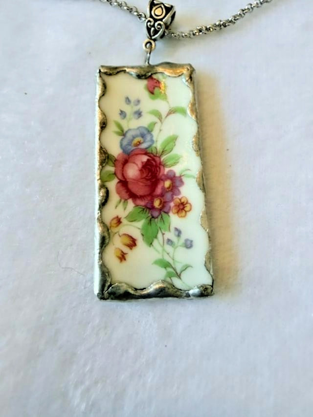 Handmade Broken China Floral Pendant Necklace Soldered Silver Tone 16" 2" Pendan