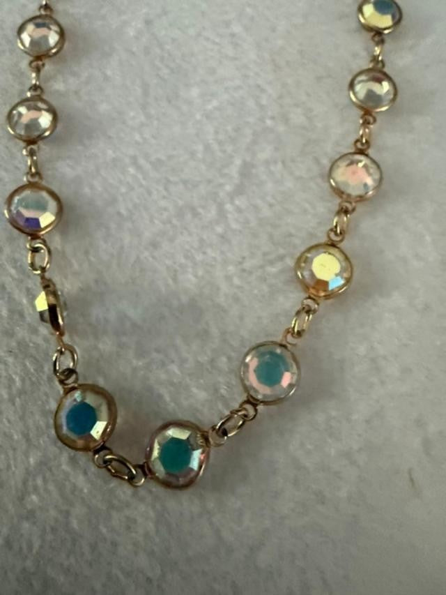 Gold Tone Aurora Borealis Crystal Station Necklace 17" Faceted No Clasp