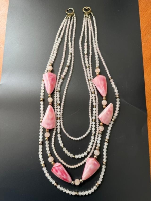 23" Multi Strand Pink Shell Rose Quartz Bead Statement Necklace Gold Tone