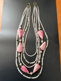 23" Multi Strand Pink Shell Rose Quartz Bead Statement Necklace Gold Tone