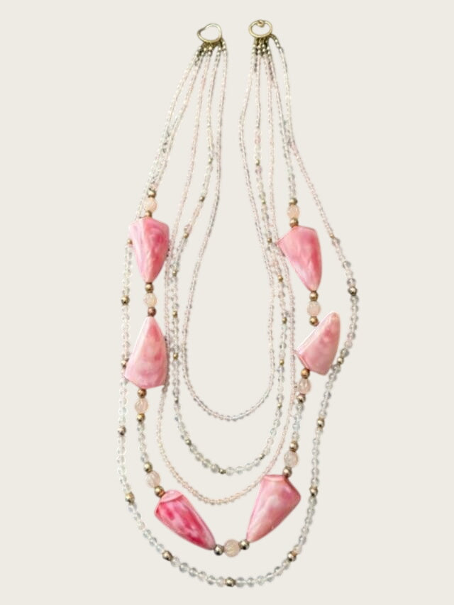 23" Multi Strand Pink Shell Rose Quartz Bead Statement Necklace Gold Tone