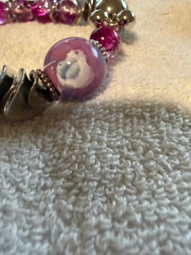 Pink Lampwork Glass Bead Stretch Charm Bracelet Silver Tone Chunky Fashion Jewel