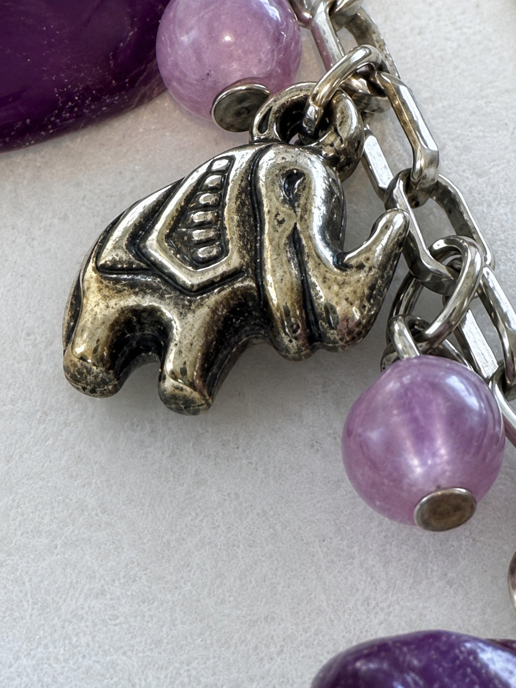 Purple Bead Owl Elephant Charm Multi Strand Necklace 18 Inch Silver Tone