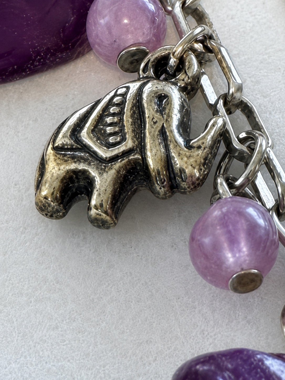 Purple Bead Owl Elephant Charm Multi Strand Necklace 18 Inch Silver Tone