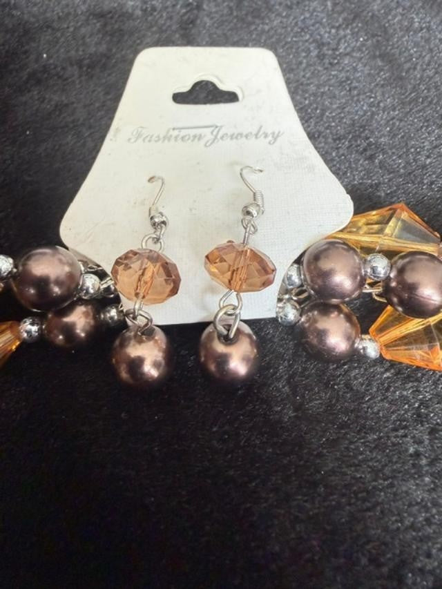 Amber Color  Glass Three Strand Necklace. Hook on Earring Set