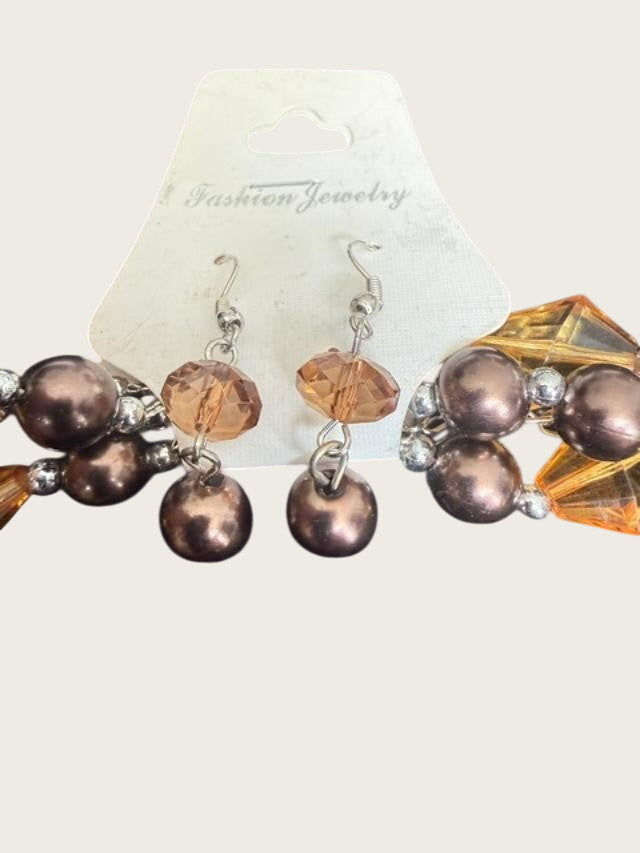 Amber Color  Glass Three Strand Necklace. Hook on Earring Set