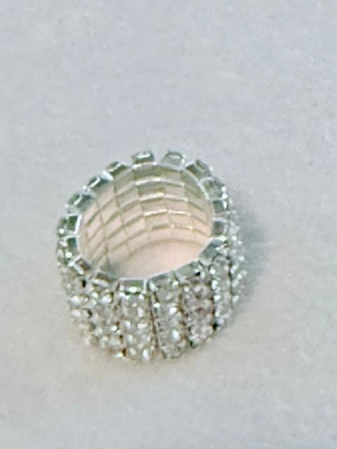 Clear Rhinestone 6 Row Silver Tone Stretch Ring Wide Statement Cocktail Ring