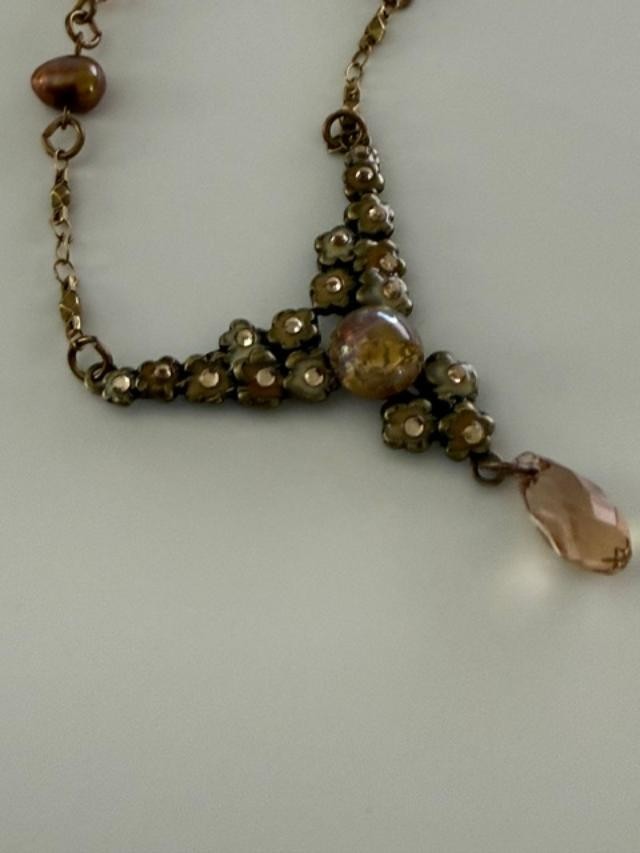 Anne Koplik Designs Floral Rhinestone Y Drop Necklace Bronze Tone 18.5"