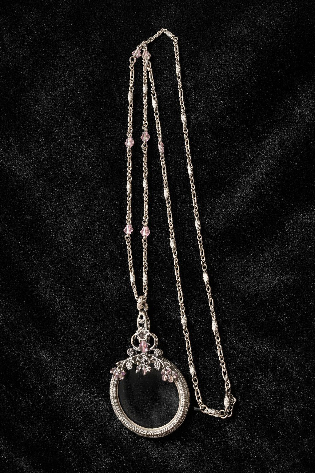 Vtg Pastel Pink Blue Rhinestone Magnifying Glass Jewelry Loupe Pendant Necklace