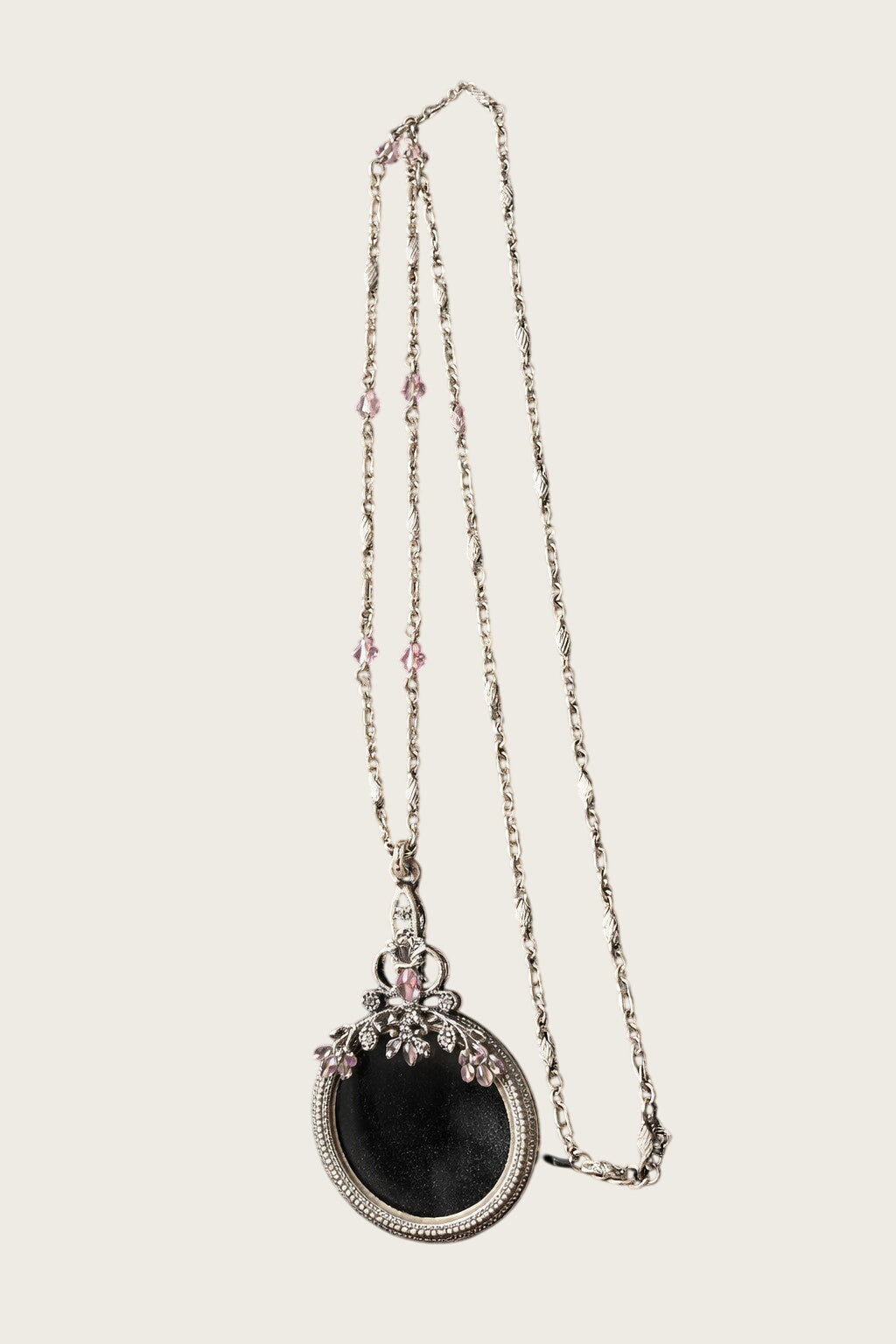 Vtg Pastel Pink Blue Rhinestone Magnifying Glass Jewelry Loupe Pendant Necklace