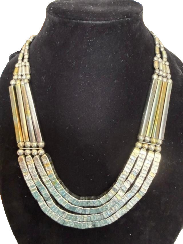 Vtg Egyptian revival tribal statement Bib necklace silver tone beads