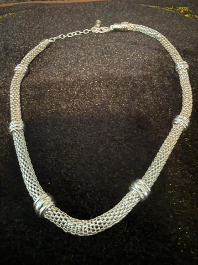 Silver Tone Mesh Necklace with Spacer Rings 15–18 in Adjustable