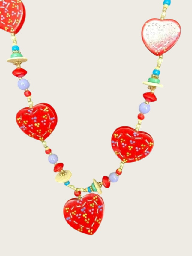 Vintage 1990s Hand Painted Wood Red Heart Bead Necklace Folk Art 30 Inch