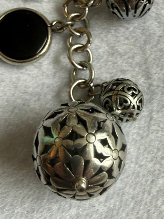 Silver Tone Black Cabochon Filigree Ball Y Drop Toggle Necklace 17in
